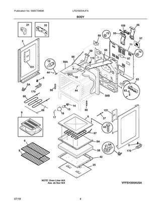 Body Diagram and Parts List for LFEH3054UFA  Frigidaire Range