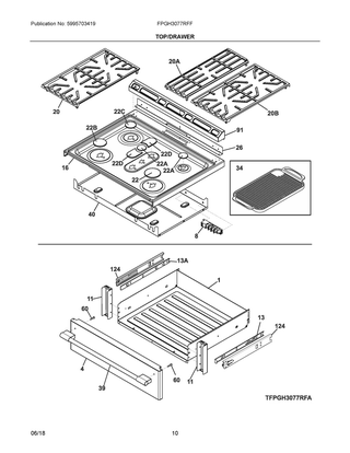 Top/drawer Diagram and Parts List for FPGH3077RFF  Frigidaire Range