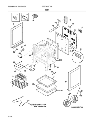 Body Diagram and Parts List for CFEF3052TWA  Frigidaire Range