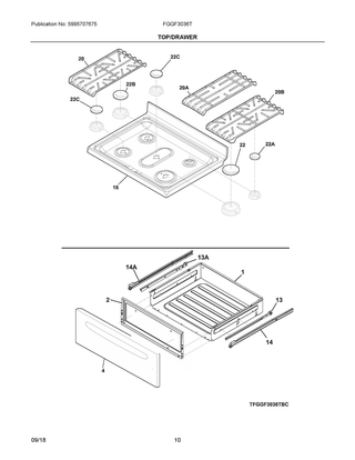 Top/drawer Diagram and Parts List for FGGF3036TWC  Frigidaire Range
