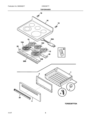 Top/drawer Diagram and Parts List for CREE3877TDA  Frigidaire Range