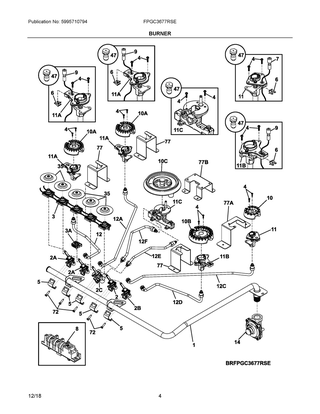 Burner Diagram and Parts List for FPGC3677RSE  Frigidaire Cooktop
