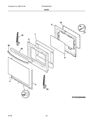 Door Diagram and Parts List for FCRG3005AWA  Frigidaire Range