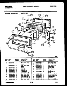 Door Parts Diagram and Parts List for MVH1199P  Frigidaire Microwave