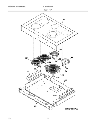Main Top Diagram and Parts List for FGEF4085TSB  Frigidaire Range