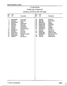 Console/controls And Top Panel Diagram and Parts List for 8007-87D  Frigidaire Dryer