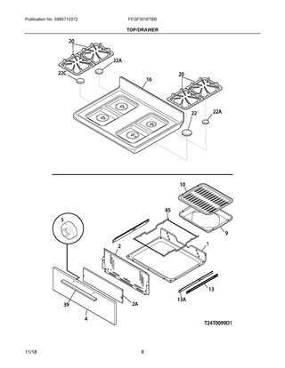 Top/drawer Diagram and Parts List for FFGF3016TBB  Frigidaire Range