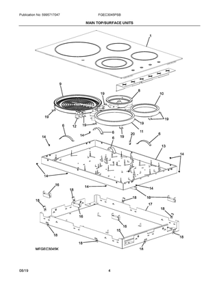 Main Top/surface Units Diagram and Parts List for FGEC3045PSB  Frigidaire Cooktop