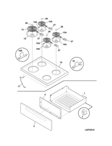 Top/drawer Diagram and Parts List for 79065312211  Kenmore Range