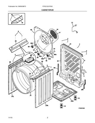 Cabinet/drum Diagram and Parts List for FFRG1001PW0  Frigidaire Dryer