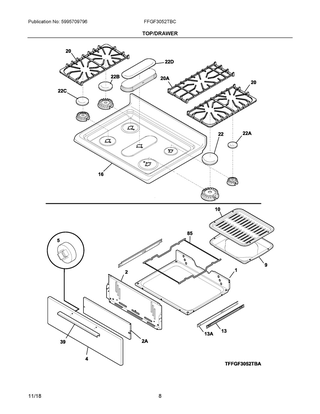 Top/drawer Diagram and Parts List for FFGF3052TBC  Frigidaire Range