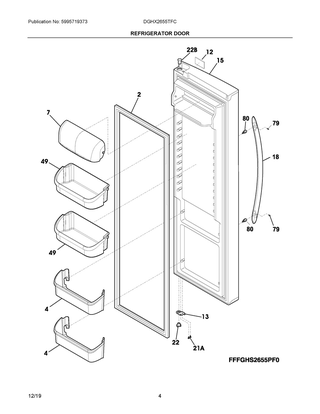 Refrigerator Door Diagram and Parts List for DGHX2655TFC  Frigidaire Refrigerator