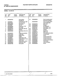 Parts List Diagram and Parts List for 61-1073-10  Frigidaire Dishwasher