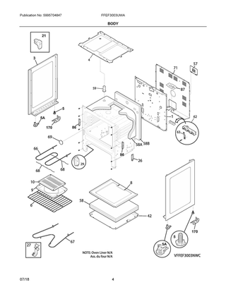 Body Diagram and Parts List for FFEF3003UWA  Frigidaire Range
