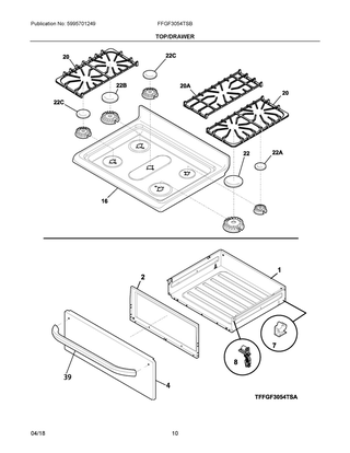 Top/drawer Diagram and Parts List for FFGF3054TSB  Frigidaire Range