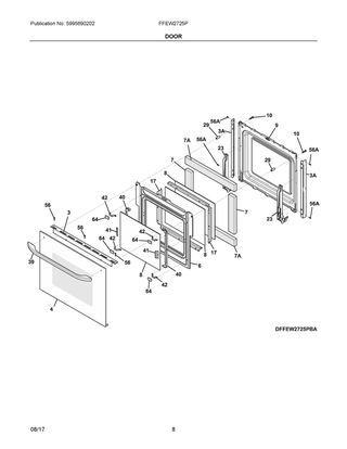 Door Diagram and Parts List for FFEW2725PWE  Frigidaire Wall Oven