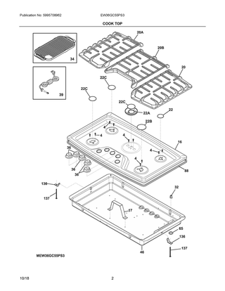 Cook Top Diagram and Parts List for EW36GC55PS3  Frigidaire Cooktop
