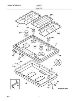 Cook Top Diagram and Parts List for FFGC3012TBA  Frigidaire Cooktop
