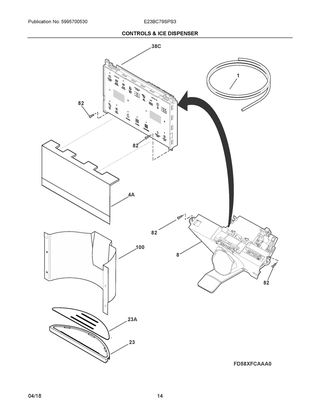 Controls & Ice Dispenser Diagram and Parts List for E23BC79SPS3  Frigidaire Refrigerator