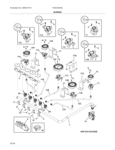 Burners Diagram and Parts List for FGGC3645QBB  Frigidaire Cooktop