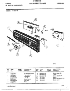 24" Built-in Dishwasher Diagram and Parts List for 61-1082-10  Tappan Dishwasher