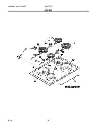 Main Top Diagram and Parts List for FFED3015PBE  Frigidaire Range