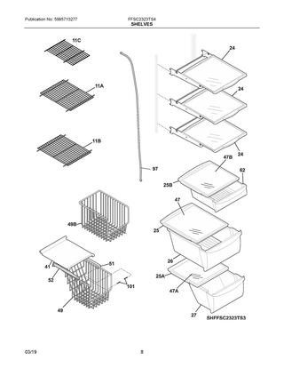 Shelves Diagram and Parts List for FFSC2323TS4  Frigidaire Refrigerator