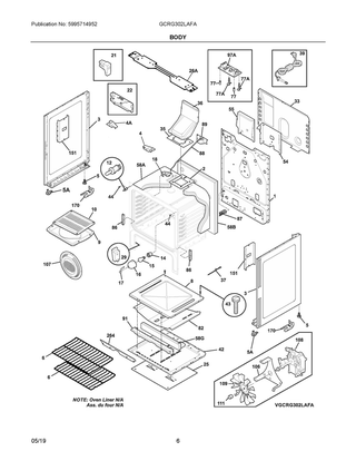 Body Diagram and Parts List for GCRG302LAFA  Frigidaire Range
