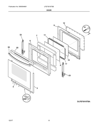Door Diagram and Parts List for LFEF3018TBB  Frigidaire Range