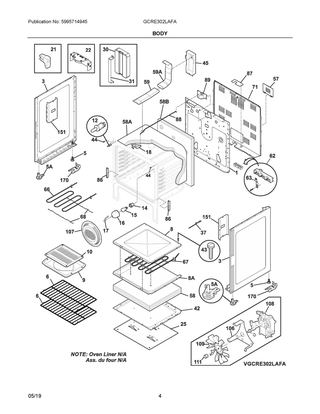 Body Diagram and Parts List for GCRE302LAFA  Frigidaire Range