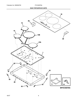 Main Top/surface Units Diagram and Parts List for FFIC3026TBA  Frigidaire Cooktop