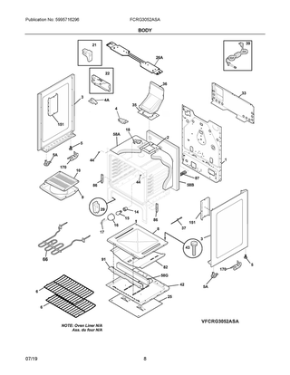 Body Diagram and Parts List for FCRG3052ASA  Frigidaire Range