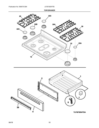 Top/drawer Diagram and Parts List for LFGF3054TFB  Frigidaire Range