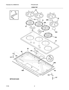 Main Top Diagram and Parts List for FFGC3613LSD  Frigidaire Cooktop