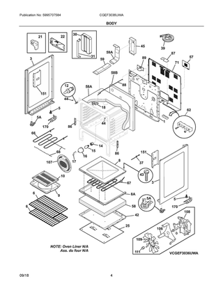Body Diagram and Parts List for CGEF3036UWA  Frigidaire Range