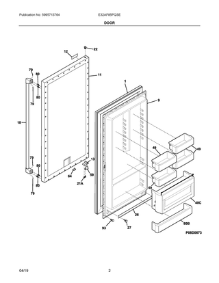 Door Diagram and Parts List for E32AF85PQSE  Frigidaire Freezer