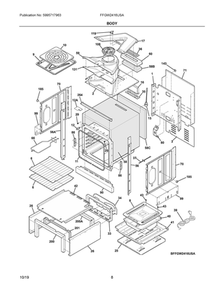 Body Diagram and Parts List for FFGW2416USA  Frigidaire Wall Oven