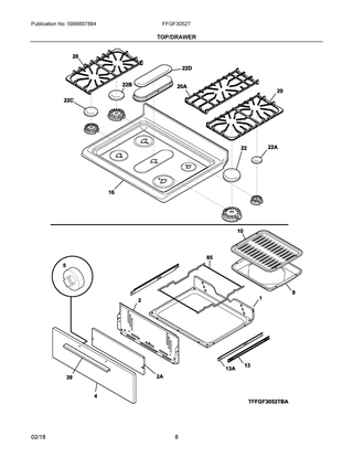 Top/drawer Diagram and Parts List for FFGF3052TWA  Frigidaire Range