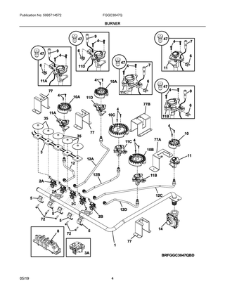 Burner Diagram and Parts List for FGGC3047QWE  Frigidaire Cooktop