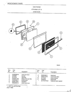 Oven Door Diagram and Parts List for 2828A  Frigidaire Range