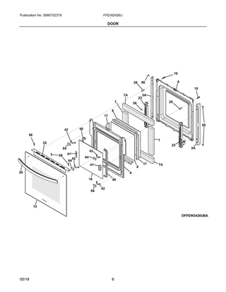Door Diagram and Parts List for FFEW2426UBA  Frigidaire Wall Oven