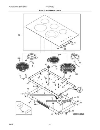 Main Top/surface Units Diagram and Parts List for FFEC3625UB  Frigidaire Cooktop