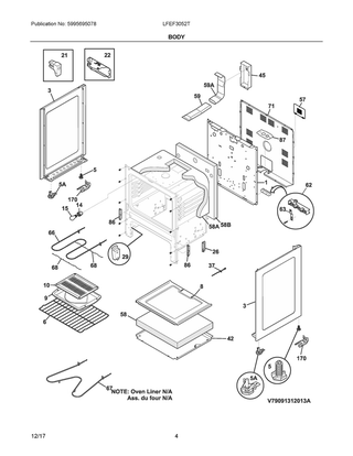 Body Diagram and Parts List for LFEF3052TFC  Frigidaire Range