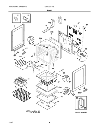 Body Diagram and Parts List for LFEF3054TFE  Frigidaire Range
