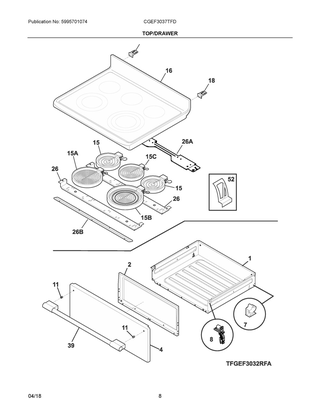Top/drawer Diagram and Parts List for CGEF3037TFD  Frigidaire Range