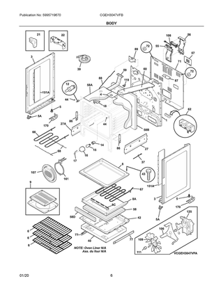 Body Diagram and Parts List for CGEH3047VFB  Frigidaire Range