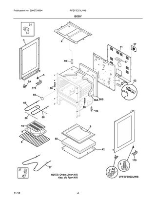 Body Diagram and Parts List for FFEF3003UWB  Frigidaire Range