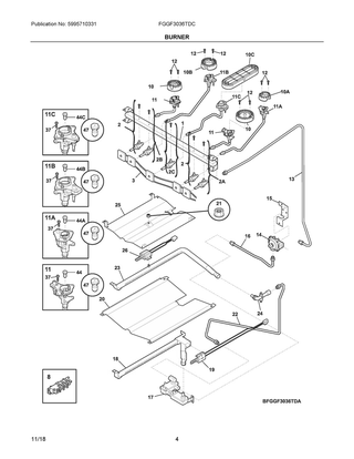Burner Diagram and Parts List for FGGF3036TDC  Frigidaire Range