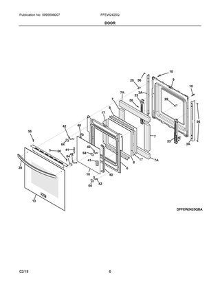 Door Diagram and Parts List for FFEW2425QBC  Frigidaire Wall Oven