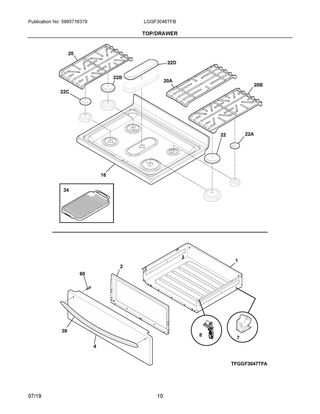 Top/drawer Diagram and Parts List for LGGF3046TFB  Frigidaire Range